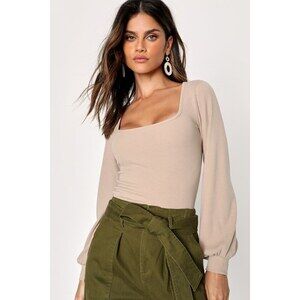 Lulus Iconic Charisma Beige Ribbed Balloon Sleeve Top